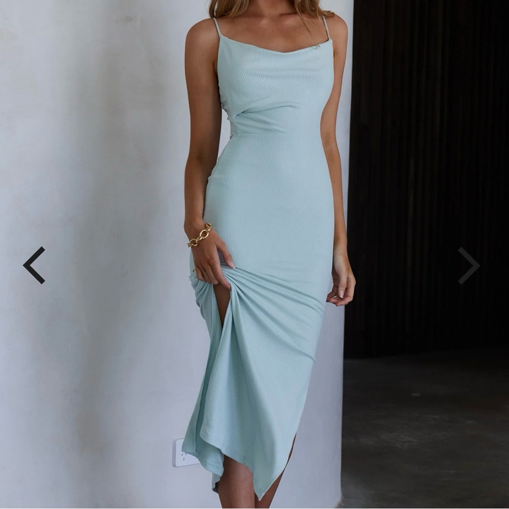 Selfie Leslie Frieda Ribbed Cowl Neck Side Slit Midi Dress Sky Blue M - Picture 2 of 11
